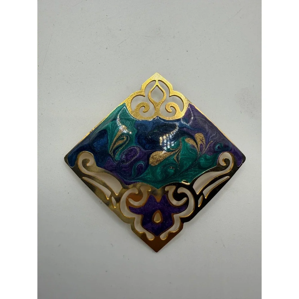 Vintage Gold Tone Enamel Filigree Diamond Brooch Purple Teal‎ Blue Swirl Pin